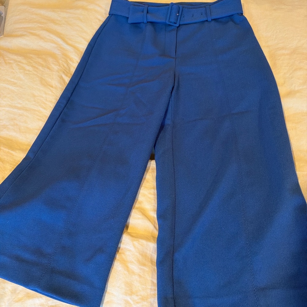 Ann Taylor Petite 8P Blue Belted Wide Leg Cropped Pants Culottes Workwear - Picture 2 of 6